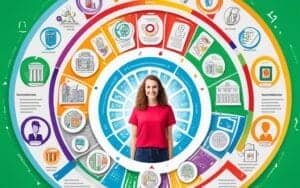 a woman standing in front of a colorful circle with many drawings