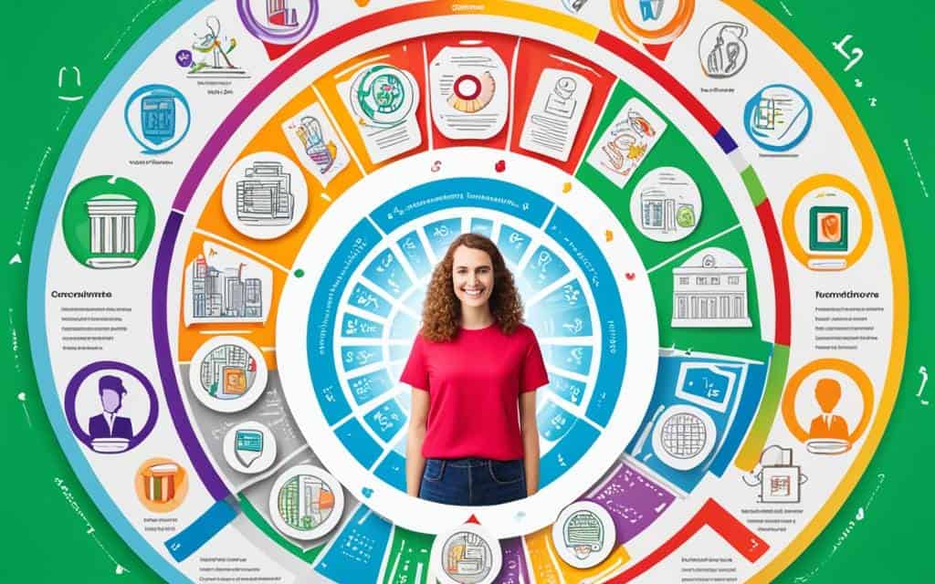 a woman standing in front of a colorful circle with many drawings