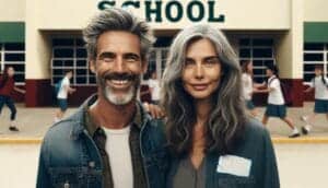 Un couple d'expatriés devant une école