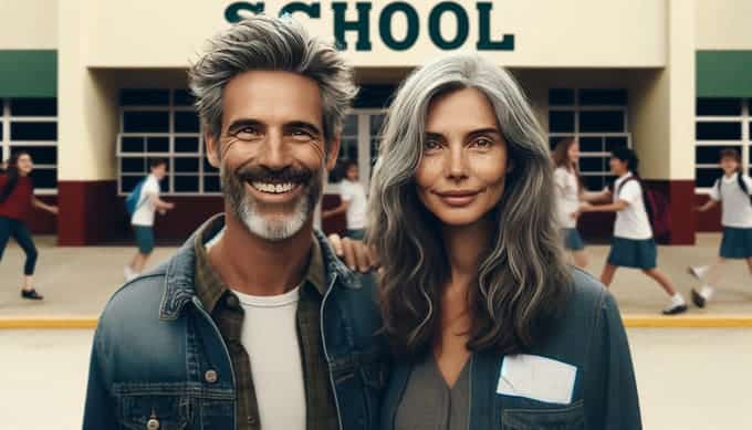 Un couple d'expatriés devant une école