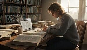 Femme étudiant à la bibliothèque pour réussir une dissertation de philosophie.