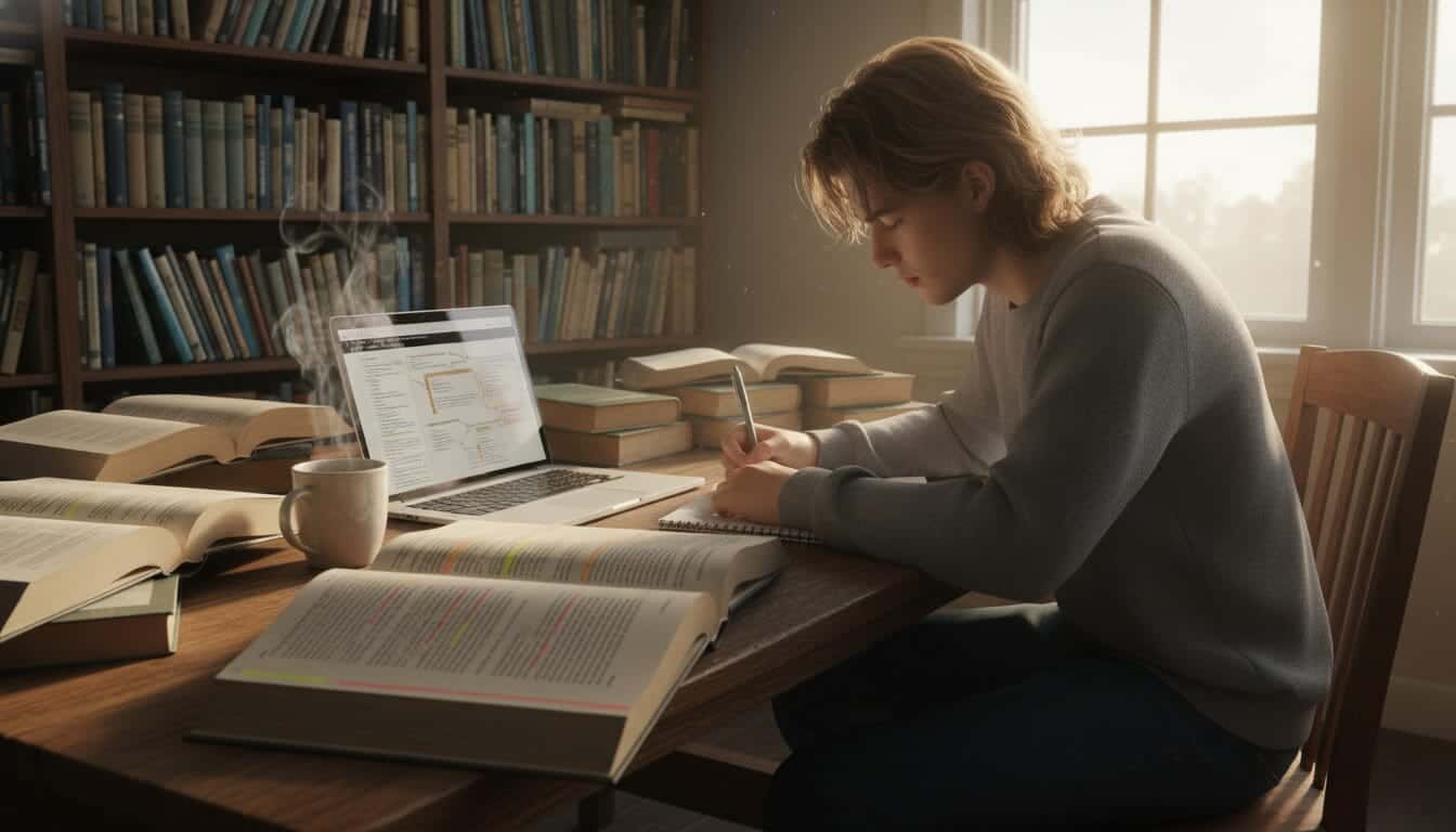 Femme étudiant à la bibliothèque pour réussir une dissertation de philosophie.