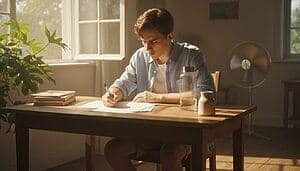Jeune étudiant étudiant à la maison pendant la chaleur estivale.
