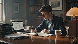 Jeune homme étudiant en train d'écrire une dissertation dans un bureau.