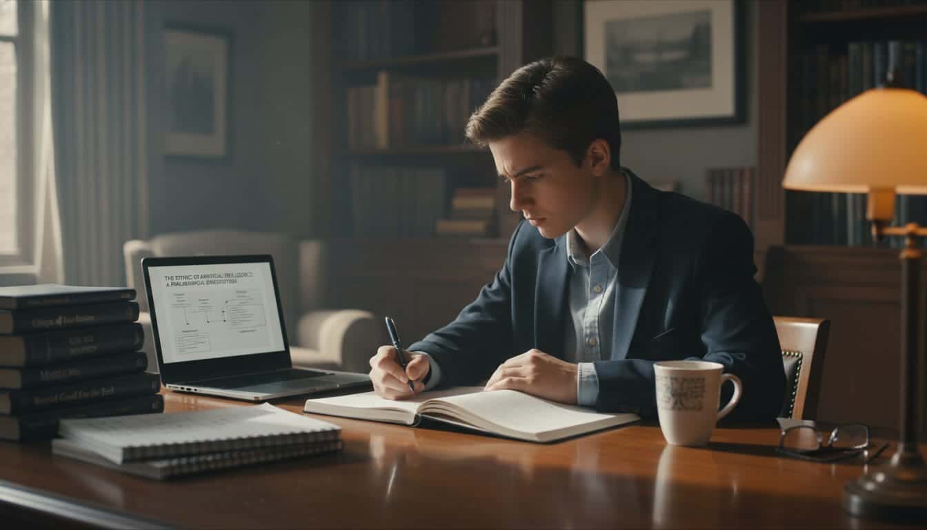 Jeune homme étudiant en train d'écrire une dissertation dans un bureau.