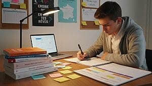 Jeune étudiant organisant son planning de révision pour le bac avec des notes et un ordinateur.