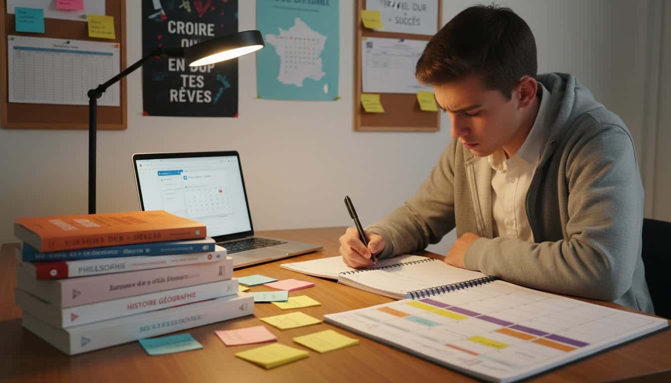 Jeune étudiant organisant son planning de révision pour le bac avec des notes et un ordinateur.