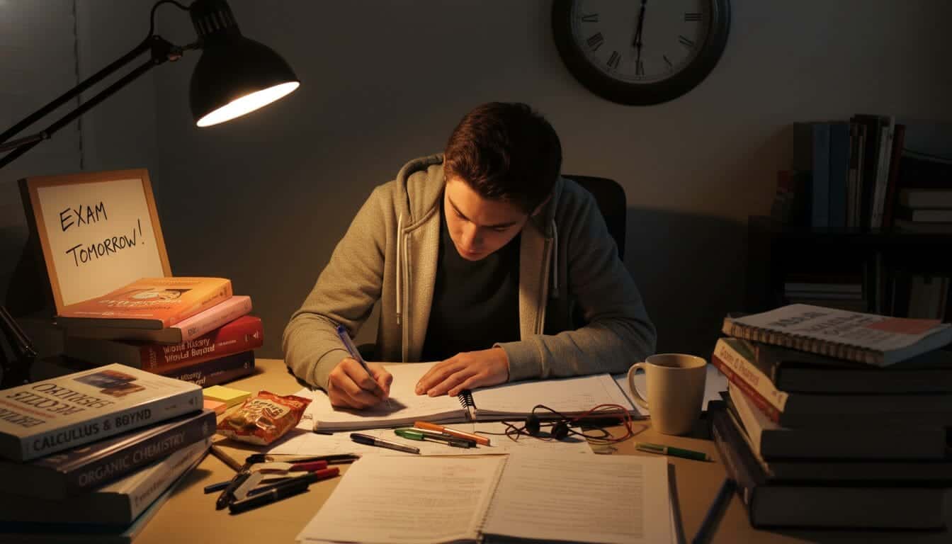 Jeune étudiant concentré à étudier pour le bac dans une ambiance nocturne.