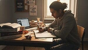 Jeune femme étudiant intensément à la maison pour le bac en une semaine.