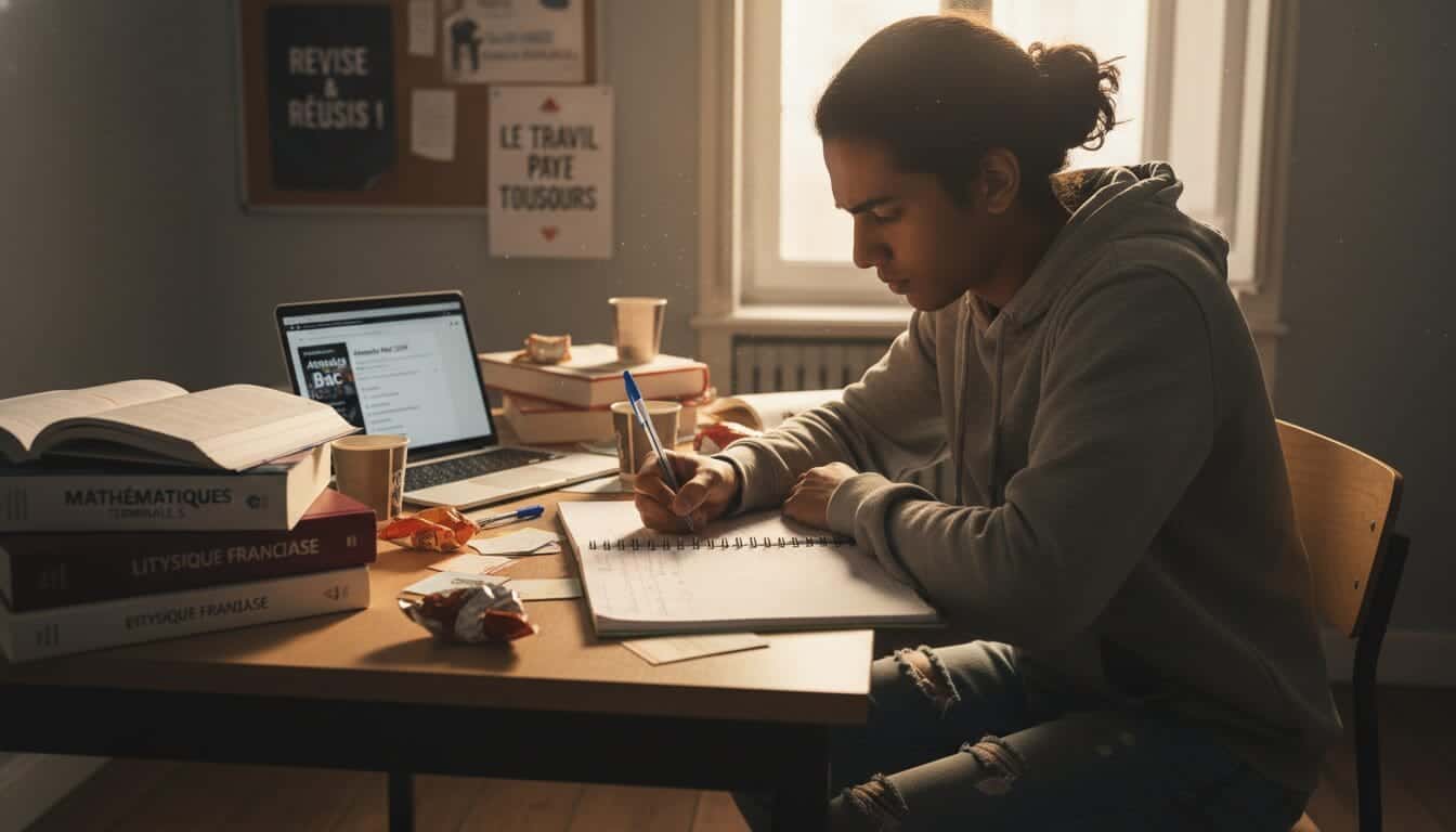 Jeune femme étudiant intensément à la maison pour le bac en une semaine.