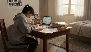 Fille étudiant à la maison avec ordinateur et livres pour le bac.