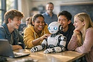 Groupe d'étudiants souriants avec robot éducatif en classe.
