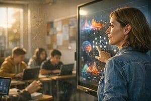Femme enseignant avec écran interactif en classe moderne.