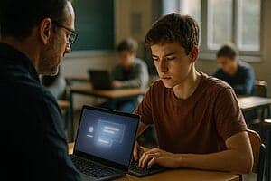 Jeune étudiant concentré lors d'une leçon en classe avec un professeur.