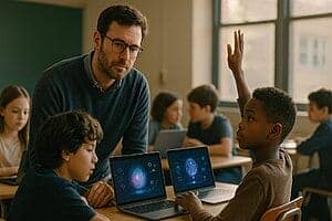 Professeur et élèves utilisant des ordinateurs portables en classe.