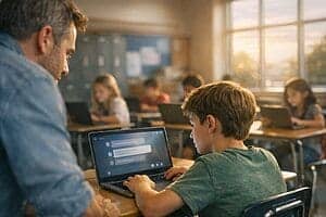 Enseignant aidant un élève à utiliser un ordinateur portable en classe.