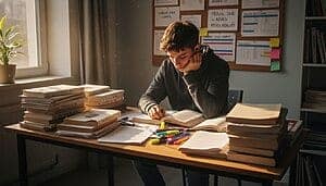 Jeune étudiant étudiant ses annales du bac à la maison.