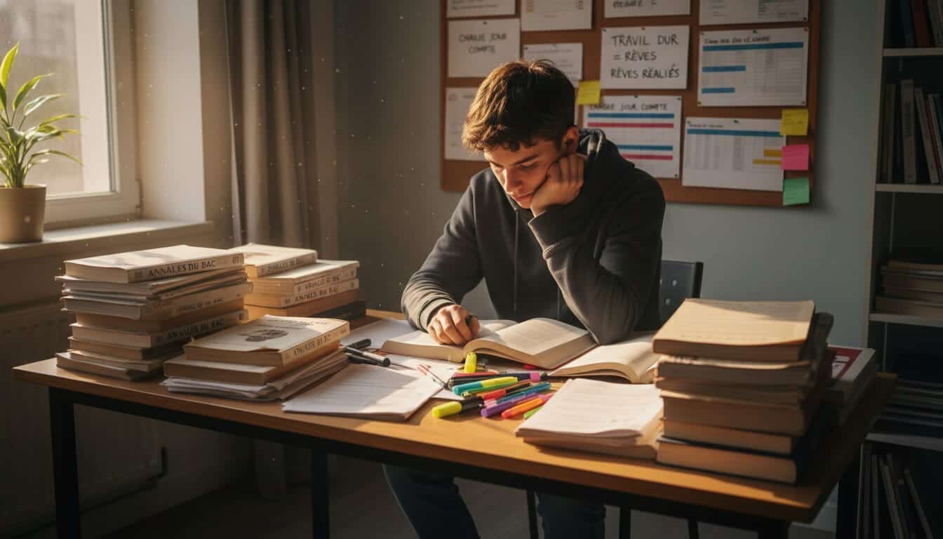 Jeune étudiant étudiant ses annales du bac à la maison.