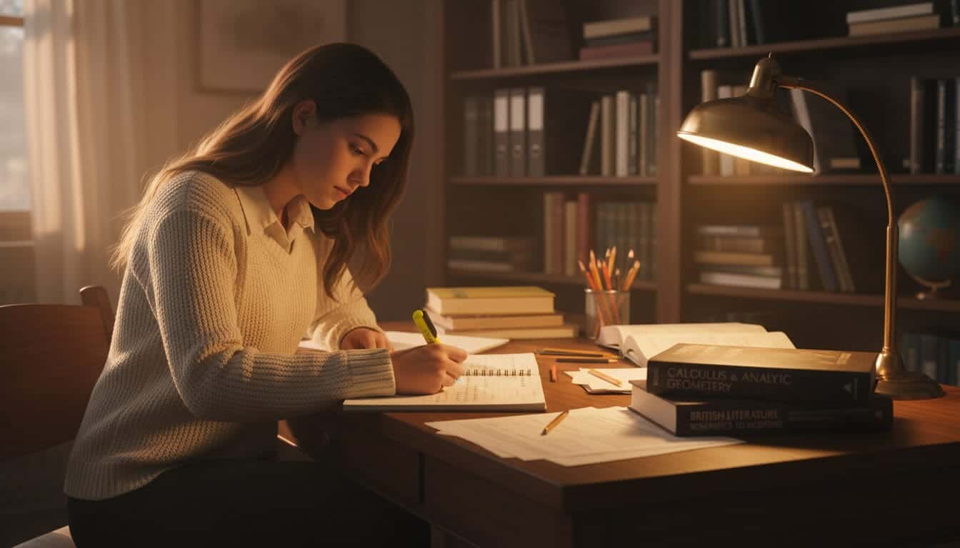 Fille concentrée à étudier pour le bac dans une bibliothèque.