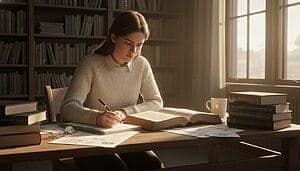 Fille concentrée à étudier dans une bibliothèque lumineuse.