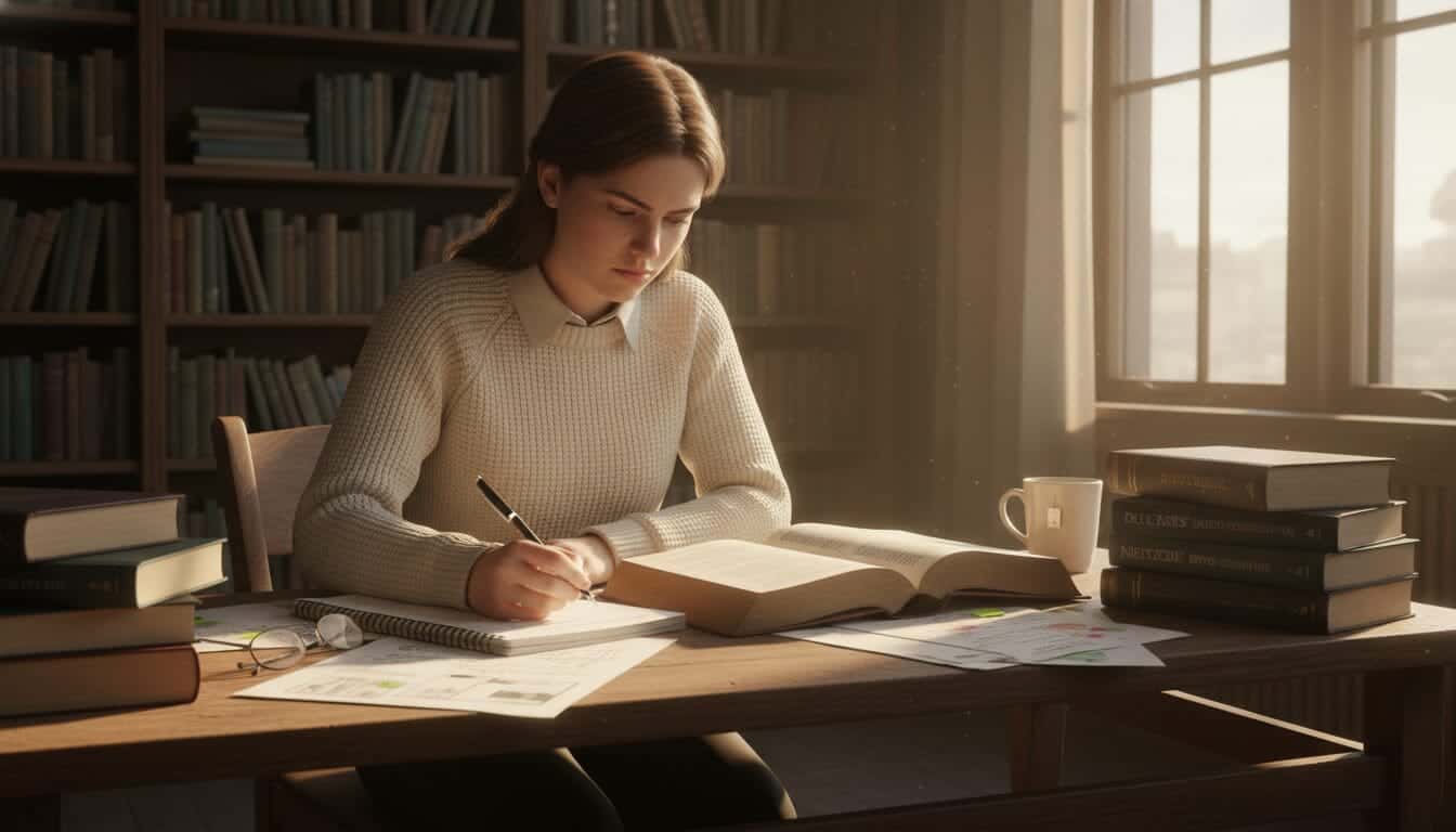 Fille concentrée à étudier dans une bibliothèque lumineuse.