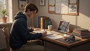 Jeune étudiant travaillant à la maison avec ordinateur et livres pour le bac.