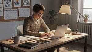 Jeune étudiant travaillant sur un ordinateur portable dans un bureau lumineux.