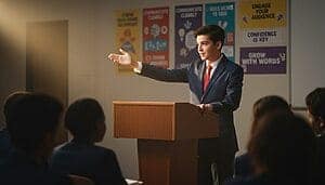 Jeune homme en costume donnant un discours lors d'une présentation.