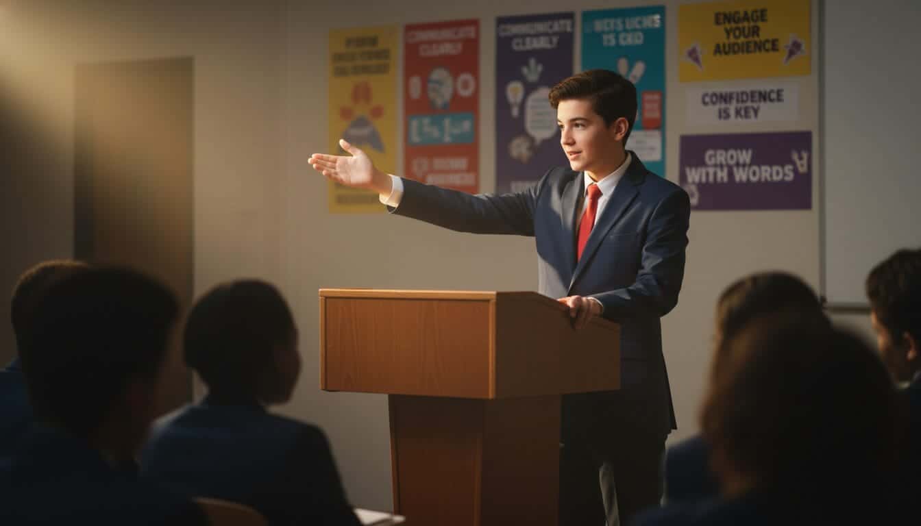 Jeune homme en costume donnant un discours lors d'une présentation.