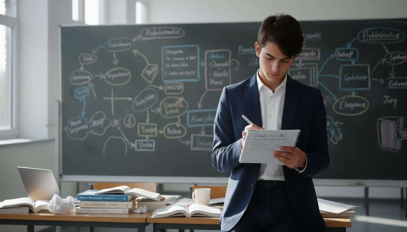 Jeune homme étudiant préparant un grand oral dans une salle de classe.