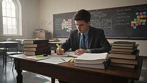 Jeune homme étudiant à un bureau avec livres et notes pour le grand oral.