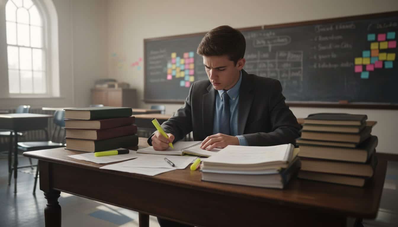 Jeune homme étudiant à un bureau avec livres et notes pour le grand oral.