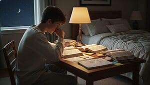 Jeune homme étudiant tard dans une chambre sombre la nuit.
