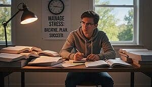 Jeune homme étudiant, concentré, à son bureau avec livres et notes.