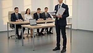 Jeune homme en costume préparant un oral devant un jury lors d'un examen.