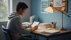 Jeune étudiant utilisant Stewdy sur tablette pour révision du bac.