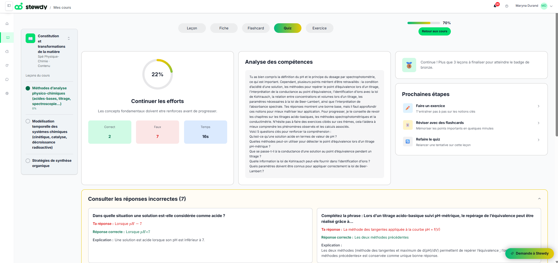 Bilan de chimie élève dans Stewdy avec analyse des compétences
