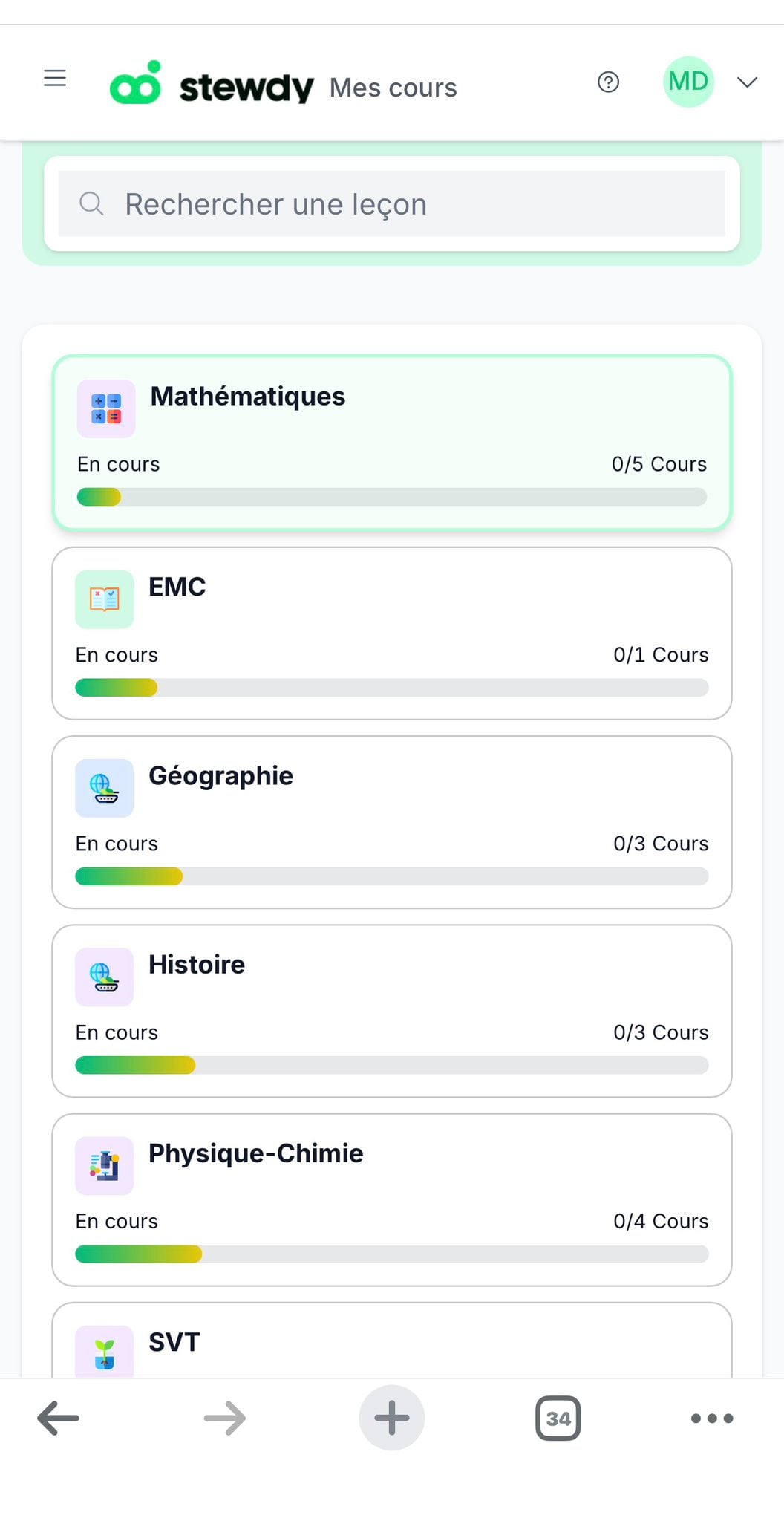 Tableau de bord élève Stewdy avec les cours et la progression