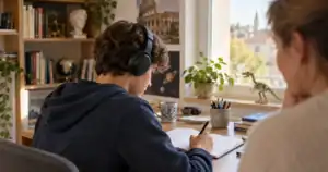 Un adolescent écoute un podcast au casque et prend des notes à son bureau.