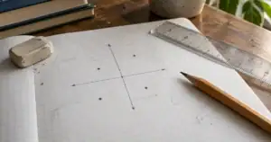 Cahier quadrillé avec un repère tracé au crayon, une règle et des points