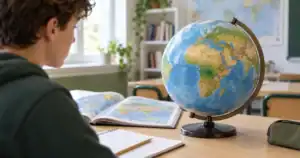 Élève étudiant les cartes du monde avec un globe terrestre et un atlas ouvert
