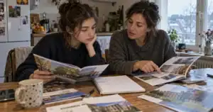 Un lycéen et un parent comparent des documents d’orientation sur une table