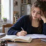 Une lycéenne relit son cahier de français avec un livre et un ordinateur sur la table