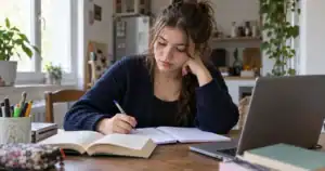 Une lycéenne relit son cahier de français avec un livre et un ordinateur sur la table