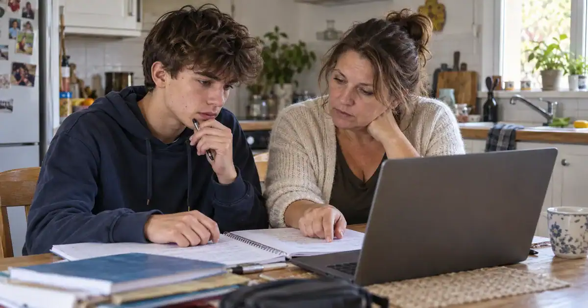 Un lycéen et sa mère examinent un cahier près d’un ordinateur dans leur cuisine