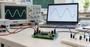 Carte de convertisseur analogique-numérique sur un banc de mesure avec oscilloscope