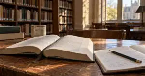 Livre ouvert et cahier de notes sur une table de bibliothèque