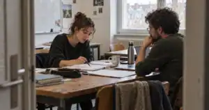 Deux adultes préparent une séance autour d’une table, illustration de la formation en INSPÉ