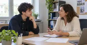 Jeune adulte échangeant avec une conseillère autour de son parcours professionnel