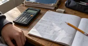 Calculatrice scolaire et cahier de calcul sur un bureau